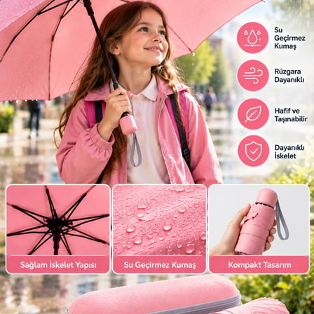 Okul İş Ve Günlük Kullanıma Uygun Pembe Kapsül Şemsiye Pratik Taşınabilir Tasarım