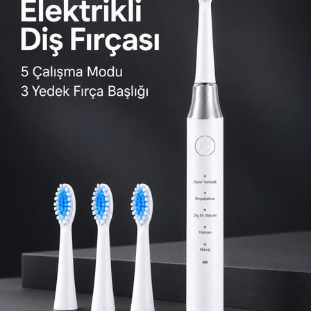 5 Çalışma Modlu Beyaz Elektrikli Diş Fırçası 3 Yedek Başlık Hediyeli
