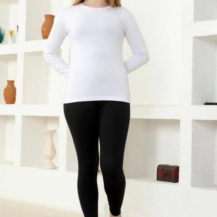 Rahat Ve Şık Uzun Kollu Bisiklet Yaka Likralı Viskon Penye Body Beyaz