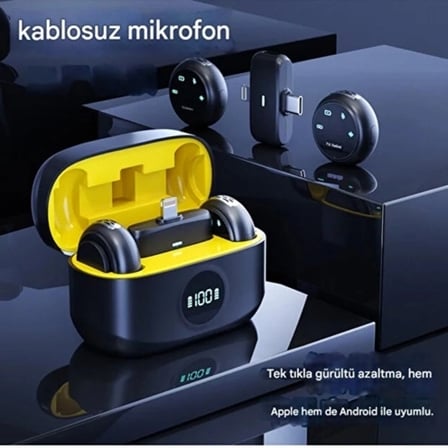 Kablosuz Profesyonel İkili Yayın Yaka Mikrofonu Şarj Kutu Mıknatıslı Typce Lightning Çıkış Mikrofon