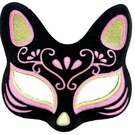 Siyah Renk Süet Kaplama Üzeri Sarı Pembe Simli Kedi Maskesi 17x14 Cm