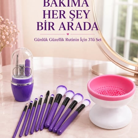 3’lü Güzellik Ve Bakım Seti 12’li Mor Makyaj Fırçası Fırça Temizleme Cihazı Ve Manikür Pedikür Tırnak Bakım Seti