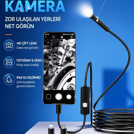 10 Metre Çift Kameralı İos/android Uyumlu Yılan Endoskop Kamera 8mm 2mp Led’li Sert Kablo