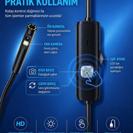 10 Metre Çift Kameralı İos/android Uyumlu Yılan Endoskop Kamera 8mm 2mp Led’li Sert Kablo