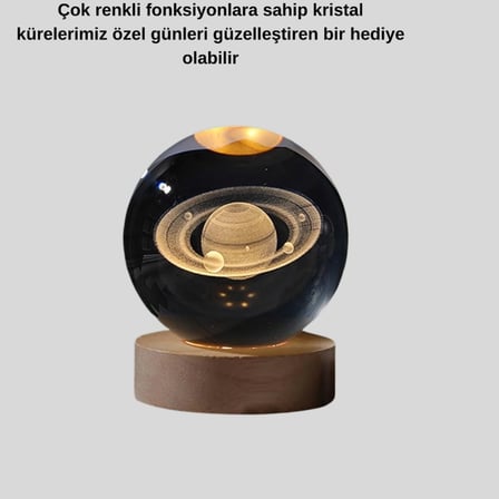 Satürn Gezegenli Kristal Küre Led Lamba Usb’li Ahşap Standlı