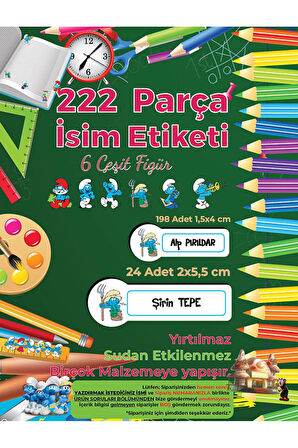 Okul Etiketi Kalem Defter Etiketi, Şirinler V1 Etiketi - 222 Adet Folyo Sticker