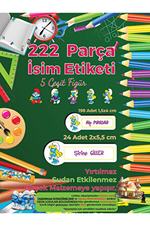 Okul Etiketi Kalem Defter Etiketi, Şirinler V2 Etiketi - 222 Adet Folyo Sticker