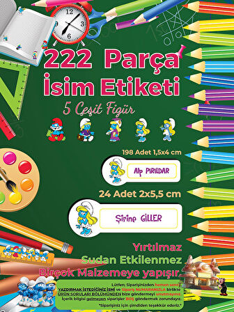 Okul Etiketi Kalem Defter Etiketi, Şirinler V2 Etiketi - 222 Adet Folyo Sticker