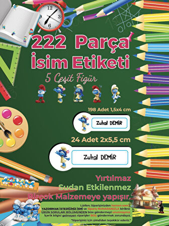 Okul Etiketi Kalem Defter Etiketi, Şirinler V4 Etiketi - 222 Adet Folyo Sticker
