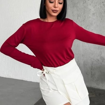 Rahat Ve Şık Uzun Kollu Bisiklet Yaka Likralı Viskon Penye Body Bordo