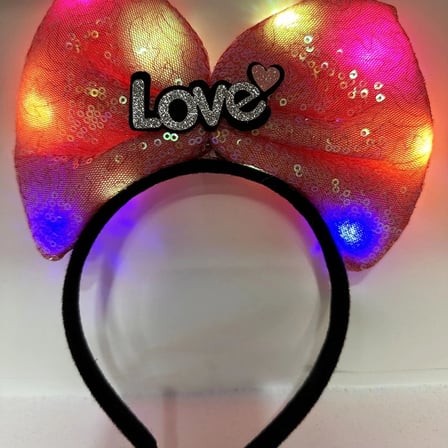 Led Işıklı 3 Farklı Fonksiyonda Yanan Gümüş Love Yazılı Fuşya Pembe Fiyonk Taç 20x17 Cm