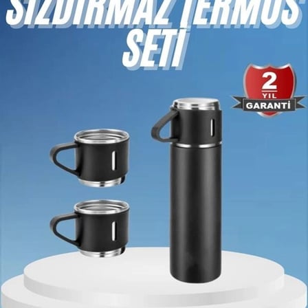 Termos Paslanmaz Çelik Termos Siyah Renk 3 Bardaklı Termos Seti
