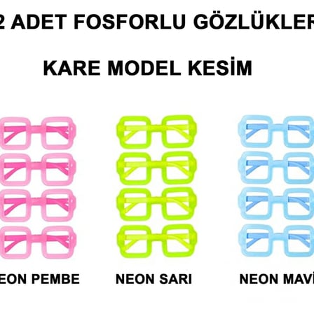 Fosforlu Kare Model Glow Parti Gözlüğü Karanlıkta Yanan Gözlükler 12 Adet