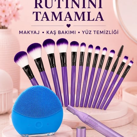 Kadın Güzellik Seti 12’li Mor Makyaj Fırçası Kaş Düzeltici Ve Silikon Yüz Temizleme Cihazı Cilt Bakım Seti