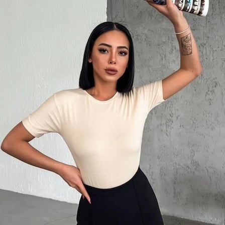 Rahat Ve Şık Kısa Kollu Bisiklet Yaka Likralı Viskon Penye Body Bej