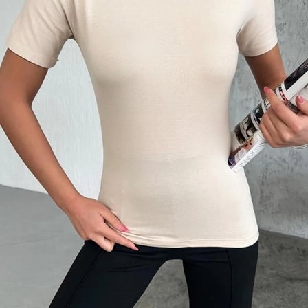 Rahat Ve Şık Kısa Kollu Bisiklet Yaka Likralı Viskon Penye Body Bej