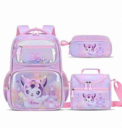 Ortopedik Kabartmalı Kuromi Kız Çocuk Büyük Boy Okul Çantası Termal Beslenme Ve Kalemlikli Set