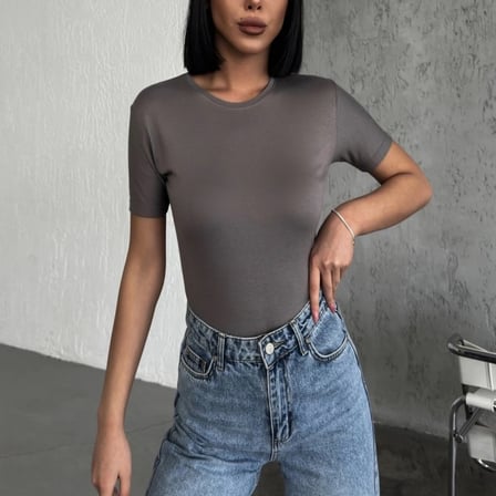 Rahat Ve Şık Kısa Kollu Bisiklet Yaka Likralı Viskon Penye Body Füme