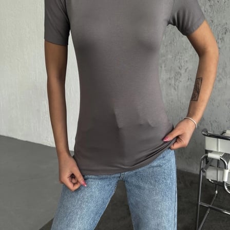 Rahat Ve Şık Kısa Kollu Bisiklet Yaka Likralı Viskon Penye Body Füme