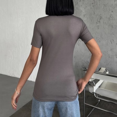 Rahat Ve Şık Kısa Kollu Bisiklet Yaka Likralı Viskon Penye Body Füme