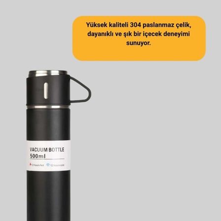 304 Çelik Termos Seti | 2 Bardaklı, 500 Ml, Uzun Süre Isı Koruma