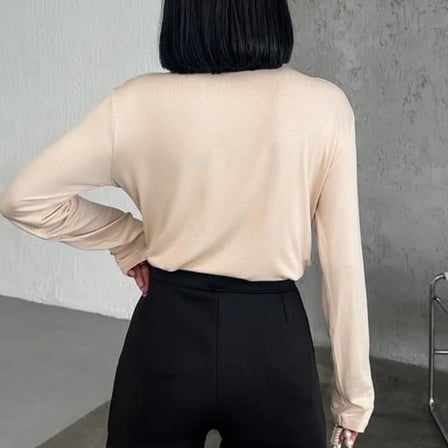 Rahat Ve Şık Uzun Kollu Bisiklet Yaka Likralı Viskon Penye Body Bej