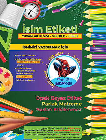 Okul Etiketi Kalem Defter Etiketi, Örümcek Adam, Spider Man Etiketi - 100 Adet 3cm Opak Sticker