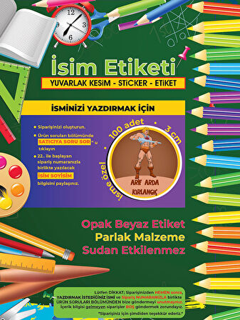 Okul Etiketi Kalem Defter Etiketi, He-Man Etiketi - 100 Adet 3cm Opak Sticker