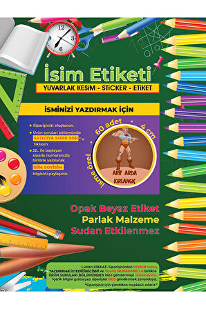 Okul Etiketi Kalem Defter Etiketi, He-Man Etiketi - 60 Adet 4cm Opak Sticker