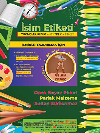 Okul Etiketi Kalem Defter Etiketi, He-Man Etiketi - 60 Adet 4cm Opak Sticker