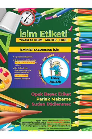 Okul Etiketi Kalem Defter Etiketi, Şirinler V1 Etiketi - 60 Adet 4cm Opak Sticker