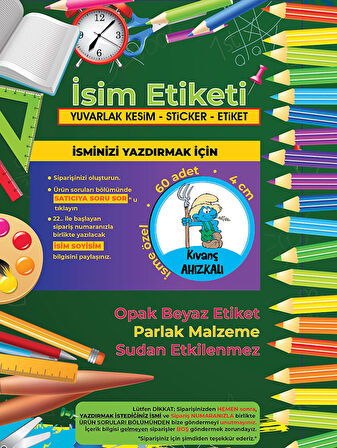 Okul Etiketi Kalem Defter Etiketi, Şirinler V1 Etiketi - 60 Adet 4cm Opak Sticker