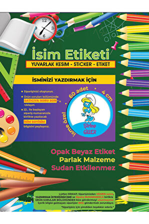 Okul Etiketi Kalem Defter Etiketi, Şirinler V2 Etiketi - 60 Adet 4cm Opak Sticker