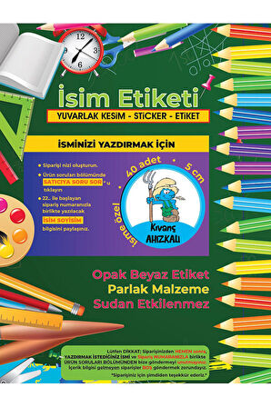 Okul Etiketi Kalem Defter Etiketi, Şirinler V1 Etiketi - 40 Adet 5cm Opak Sticker