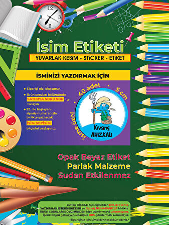 Okul Etiketi Kalem Defter Etiketi, Şirinler V1 Etiketi - 40 Adet 5cm Opak Sticker