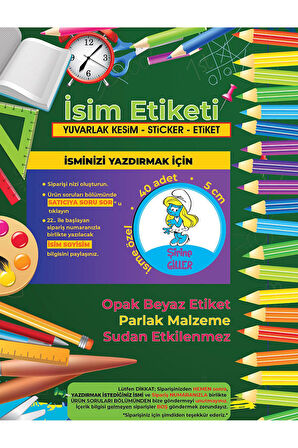 Okul Etiketi Kalem Defter Etiketi, Şirinler V2 Etiketi - 40 Adet 5cm Opak Sticker