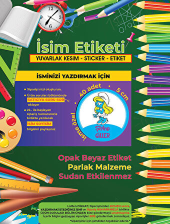 Okul Etiketi Kalem Defter Etiketi, Şirinler V2 Etiketi - 40 Adet 5cm Opak Sticker