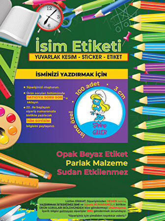 Okul Etiketi Kalem Defter Etiketi, Şirinler V2 Etiketi - 100 Adet 3cm Opak Sticker