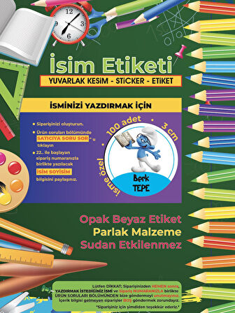 Okul Etiketi Kalem Defter Etiketi, Şirinler V3 Etiketi - 100 Adet 3cm Opak Sticker