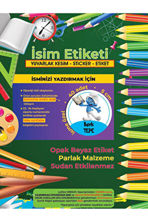 Okul Etiketi Kalem Defter Etiketi, Şirinler V3 Etiketi - 40 Adet 5cm Opak Sticker