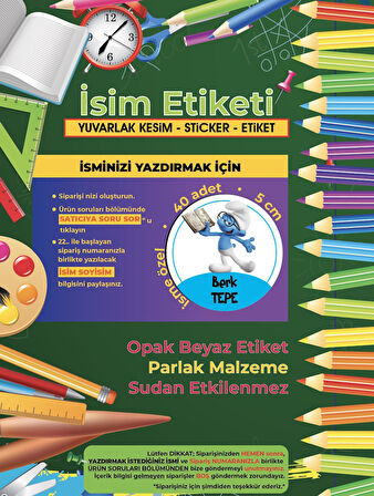 Okul Etiketi Kalem Defter Etiketi, Şirinler V3 Etiketi - 40 Adet 5cm Opak Sticker