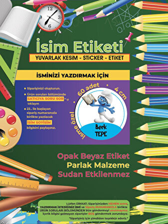 Okul Etiketi Kalem Defter Etiketi, Şirinler V3 Etiketi - 60 Adet 4cm Opak Sticker