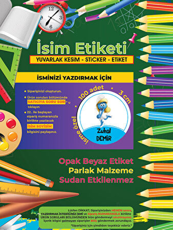 Okul Etiketi Kalem Defter Etiketi, Şirinler V4 Etiketi - 100 Adet 3cm Opak Sticker