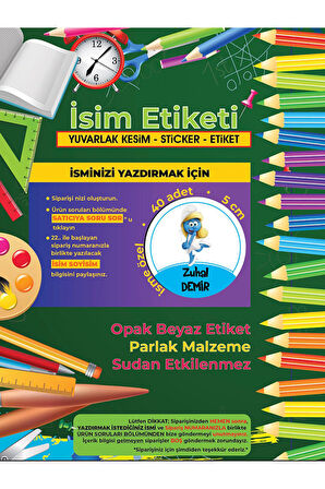Okul Etiketi Kalem Defter Etiketi, Şirinler V4 Etiketi - 40 Adet 5cm Opak Sticker