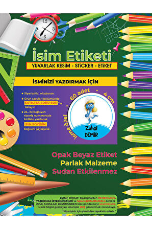 Okul Etiketi Kalem Defter Etiketi, Şirinler V4 Etiketi - 60 Adet 4cm Opak Sticker