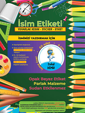 Okul Etiketi Kalem Defter Etiketi, Şirinler V4 Etiketi - 60 Adet 4cm Opak Sticker