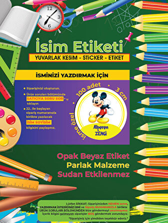 Okul Etiketi Kalem Defter Etiketi, Mickey Mouse Etiketi - 100 Adet 3cm Opak Sticker
