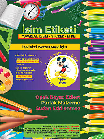 Okul Etiketi Kalem Defter Etiketi, Mickey Mouse Etiketi - 40 Adet 5cm Opak Sticker