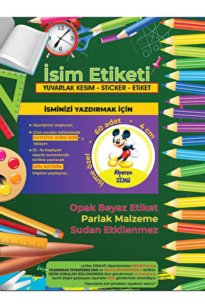 Okul Etiketi Kalem Defter Etiketi, Mickey Mouse Etiketi - 60 Adet 4cm Opak Sticker