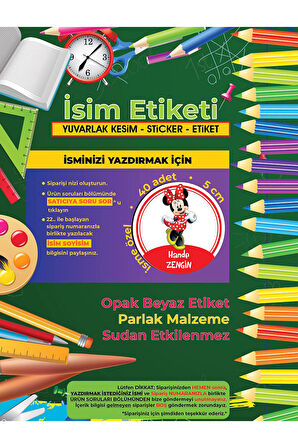 Okul Etiketi Kalem Defter Etiketi, Minnie Mouse Etiketi - 40 Adet 5cm Opak Sticker